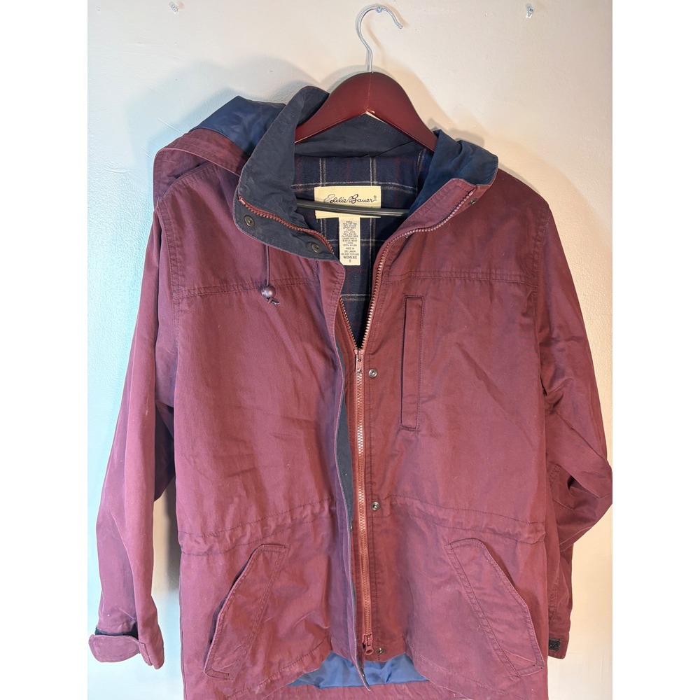 Eddie Bauer Women Sm Burgundy Hooded Field Jacket Plaid Lined Anorak Maroon Y2K